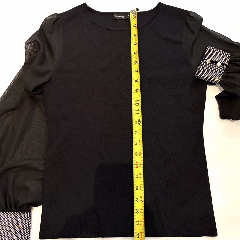 Karen Millen Sweater Black Embellished Chiffon Sleeves Rhinestones Black Medium - Picture 13 of 16